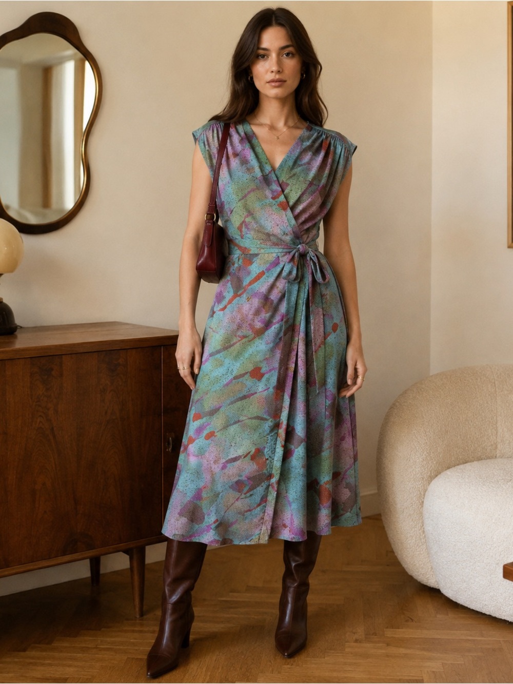 Vintage Green Abstract-Print Tie-Waist Midi Dress